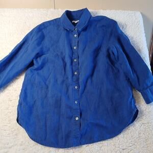 Chicos Size 1( US Large) Royal Blue 100% Linen 3/4 Sleeve Button Up